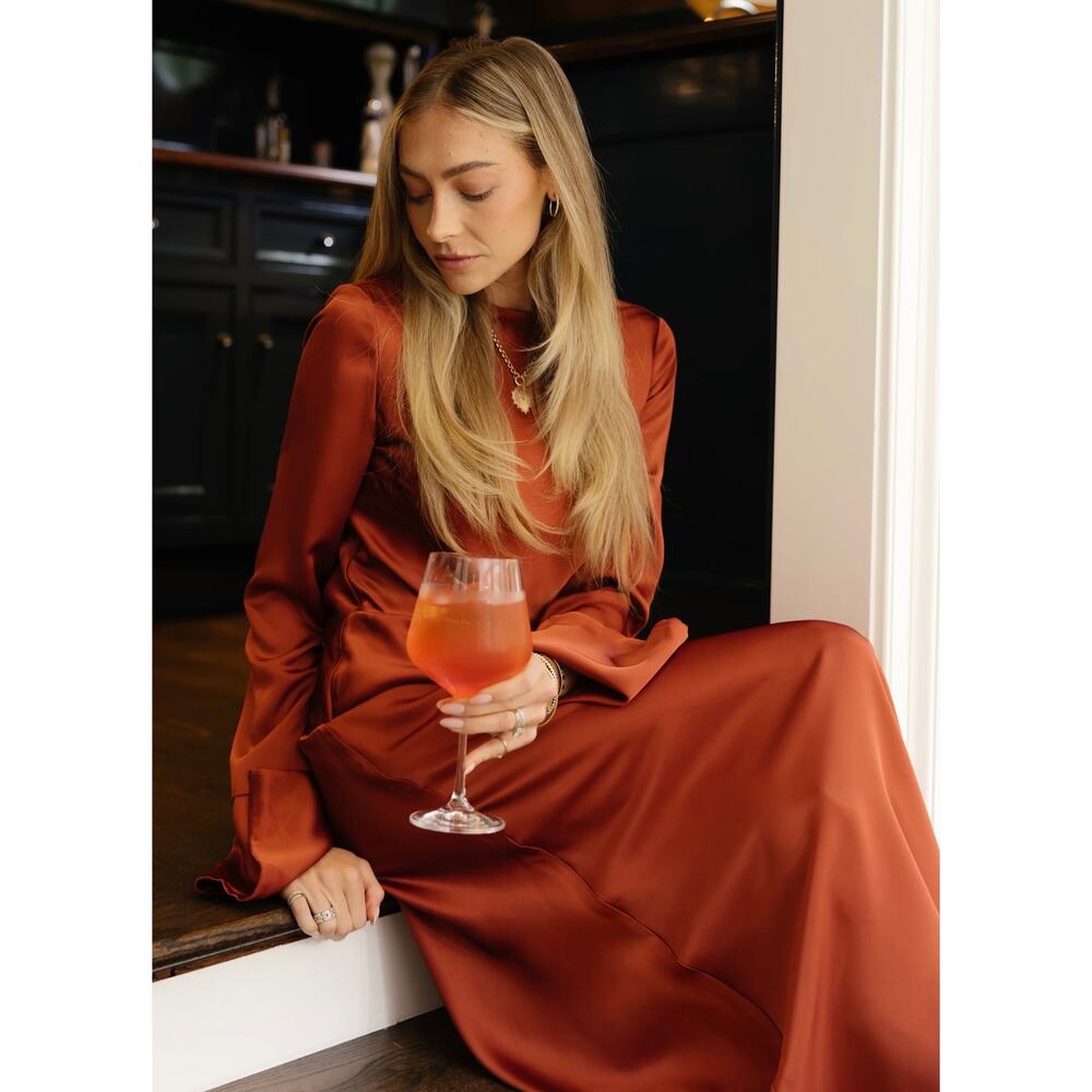 New $247 few moda Hannah Chody taylor burnt orange satin dress sz small - Picture 3 of 9